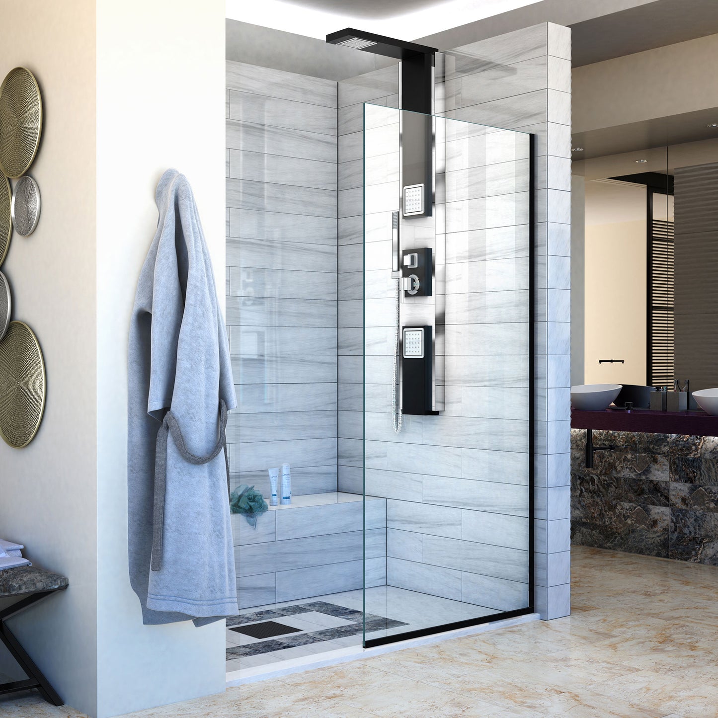 Linea Single Panel Frameless Shower Screen 34 in. W x 72 in. H, Open Entry Design in Satin Black