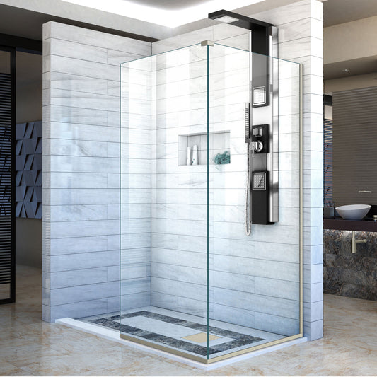 Linea Two Adjacent Frameless Shower Screens 30 in. W x 72 in. H each, Open Entry Design in Brushed Nickel