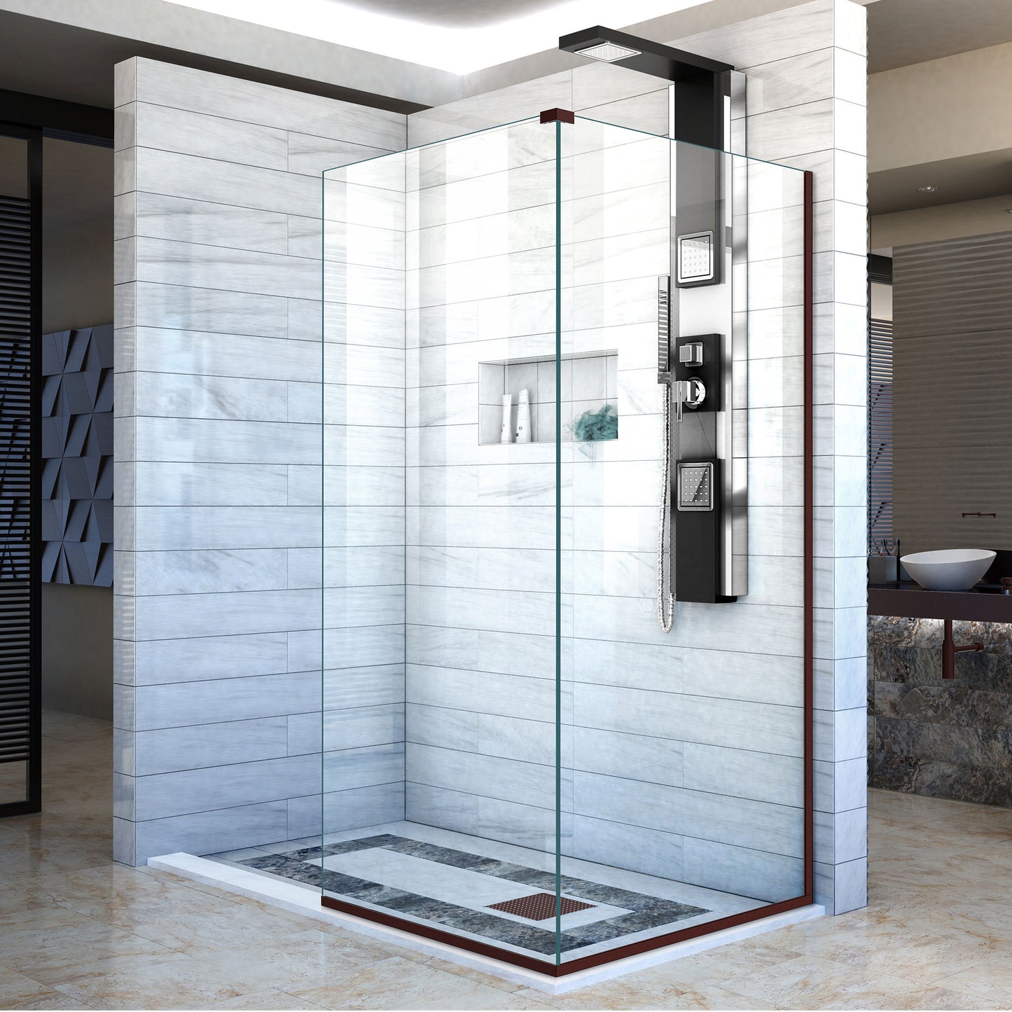 Linea Two Adjacent Frameless Shower Screens 34 in. and 30 in. W x 72 in. H, Open Entry Design in Oil Rubbed Bronze