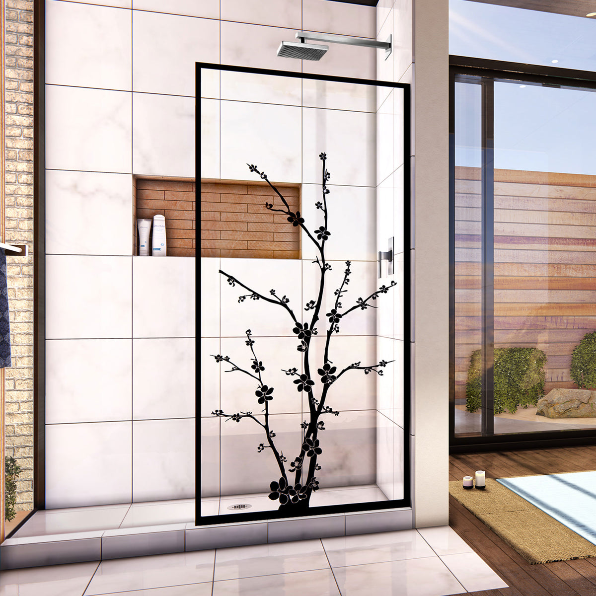 Linea Blossom 34 in. W x 72 in. H Single Panel Frameless Shower Door, Open Entry Design in Satin Black