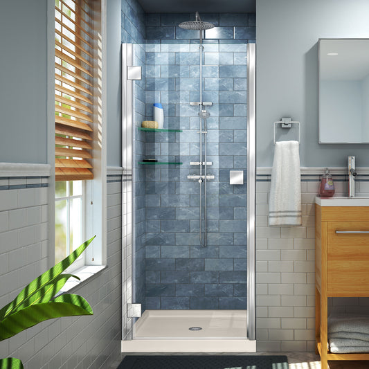 Lumen 36 in. D x 36 in. W by 74 3/4 in. H Hinged Shower Door in Chrome with Biscuit Acrylic Base Kit