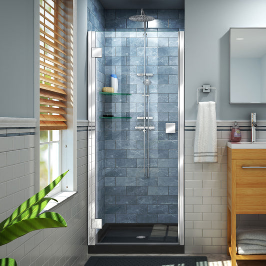 Lumen 36 in. D x 36 in. W by 74 3/4 in. H Hinged Shower Door in Chrome with Black Acrylic Base Kit