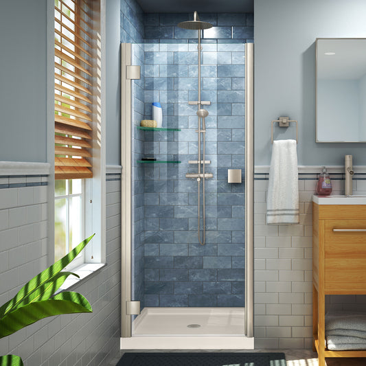 Lumen 36 in. D x 36 in. W by 74 3/4 in. H Hinged Shower Door in Brushed Nickel with Biscuit Acrylic Base Kit