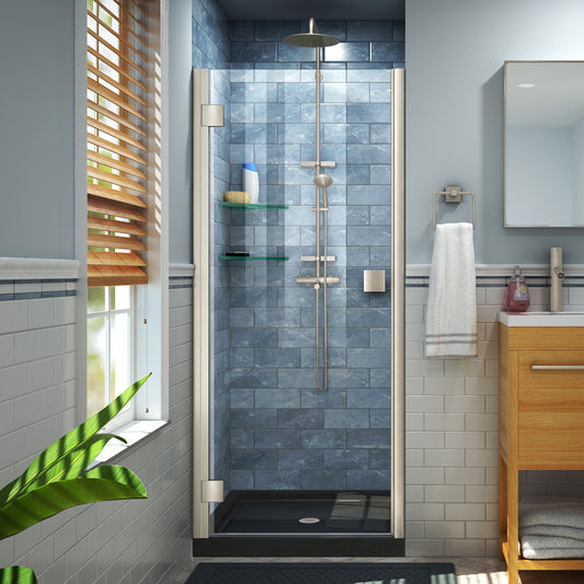 Lumen 36 in. D x 36 in. W by 74 3/4 in. H Hinged Shower Door in Brushed Nickel with Black Acrylic Base Kit