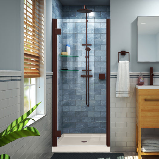 Lumen 36 in. D x 36 in. W by 74 3/4 in. H Hinged Shower Door in Oil Rubbed Bronze with Biscuit Acrylic Base Kit