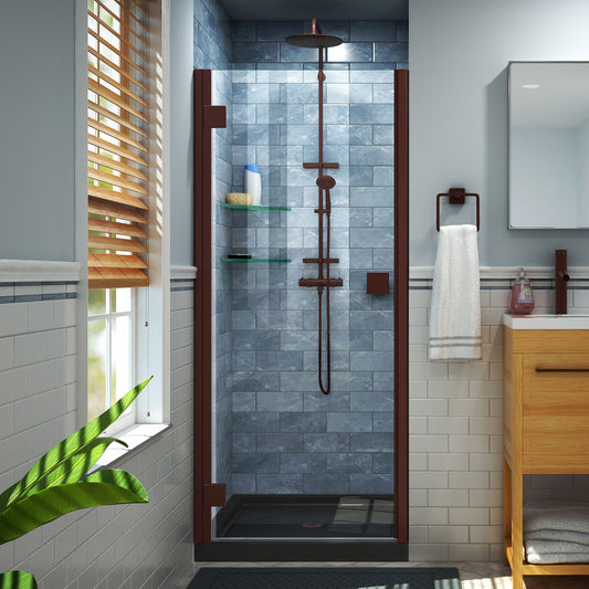 Lumen 36 in. D x 36 in. W by 74 3/4 in. H Hinged Shower Door in Oil Rubbed Bronze with Black Acrylic Base Kit