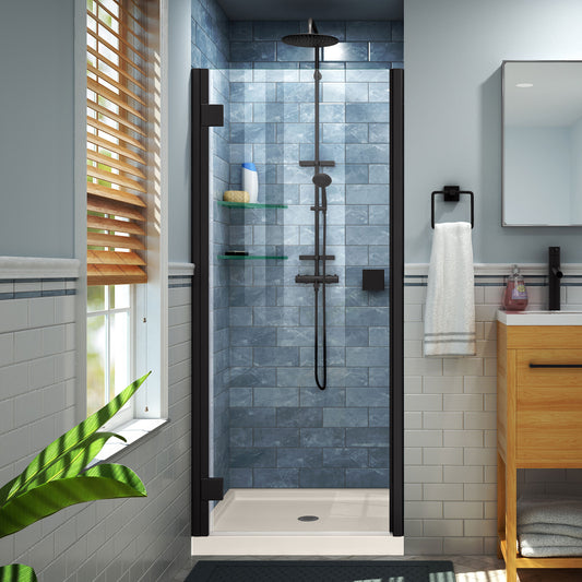 Lumen 36 in. D x 36 in. W by 74 3/4 in. H Hinged Shower Door in Satin Black with Biscuit Acrylic Base Kit