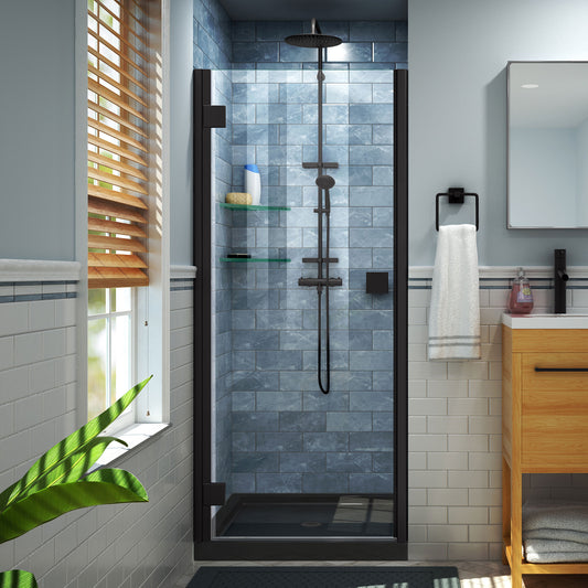 Lumen 32 in. D x 42 in. W by 74 3/4 in. H Hinged Shower Door in Satin Black with Black Acrylic Base Kit
