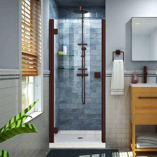 Lumen 36 in. D x 36 in. W by 74 3/4 in. H Hinged Shower Door in Oil Rubbed Bronze with White Acrylic Base Kit