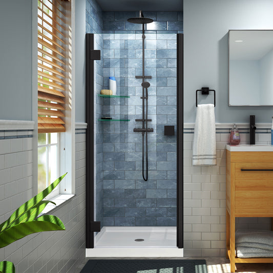 Lumen 36 in. D x 36 in. W by 74 3/4 in. H Hinged Shower Door in Satin Black with White Acrylic Base Kit