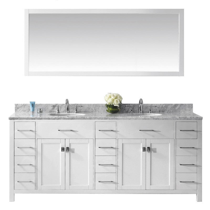 Caroline Parkway 78" Double Bath Vanity in White with White Quartz Top and Square Sinks and Matching Mirror