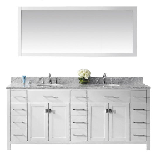 Caroline Parkway 78" Double Bath Vanity in White with White Quartz Top and Square Sinks and Matching Mirror