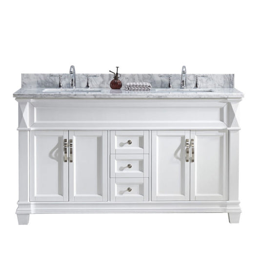 Victoria 60" Double Bathroom Vanity in White with Marble Top and Square Sink