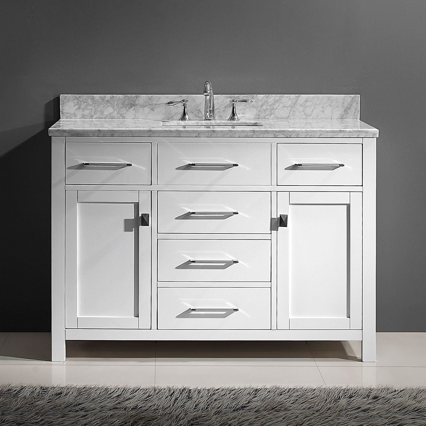 Caroline 48" Single Vanity in White, Marble Top, Square Sink, Nickel Faucet