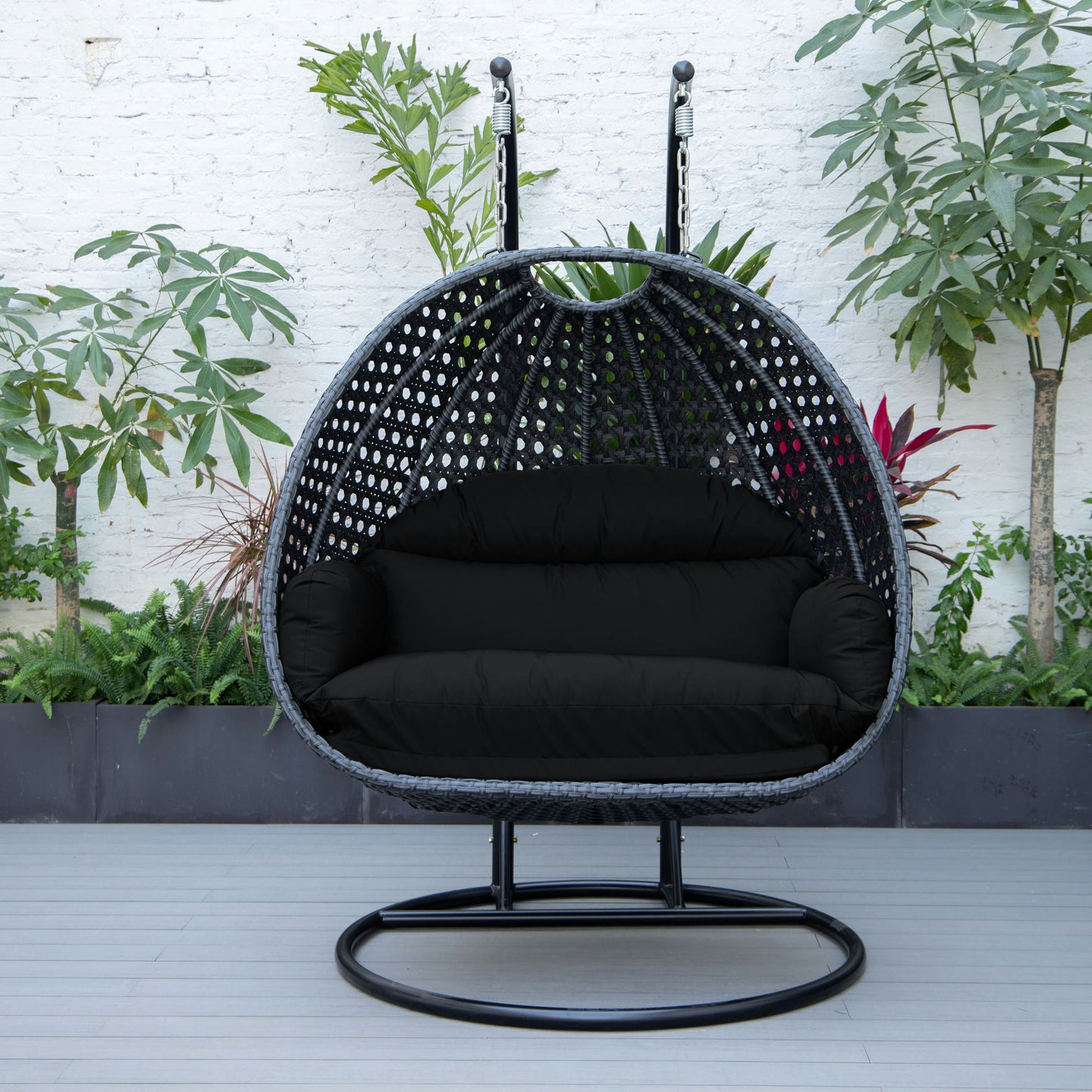 LeisureMod Mendoza Charcoal And Black Wicker Hanging 2 person Egg Swing Chair