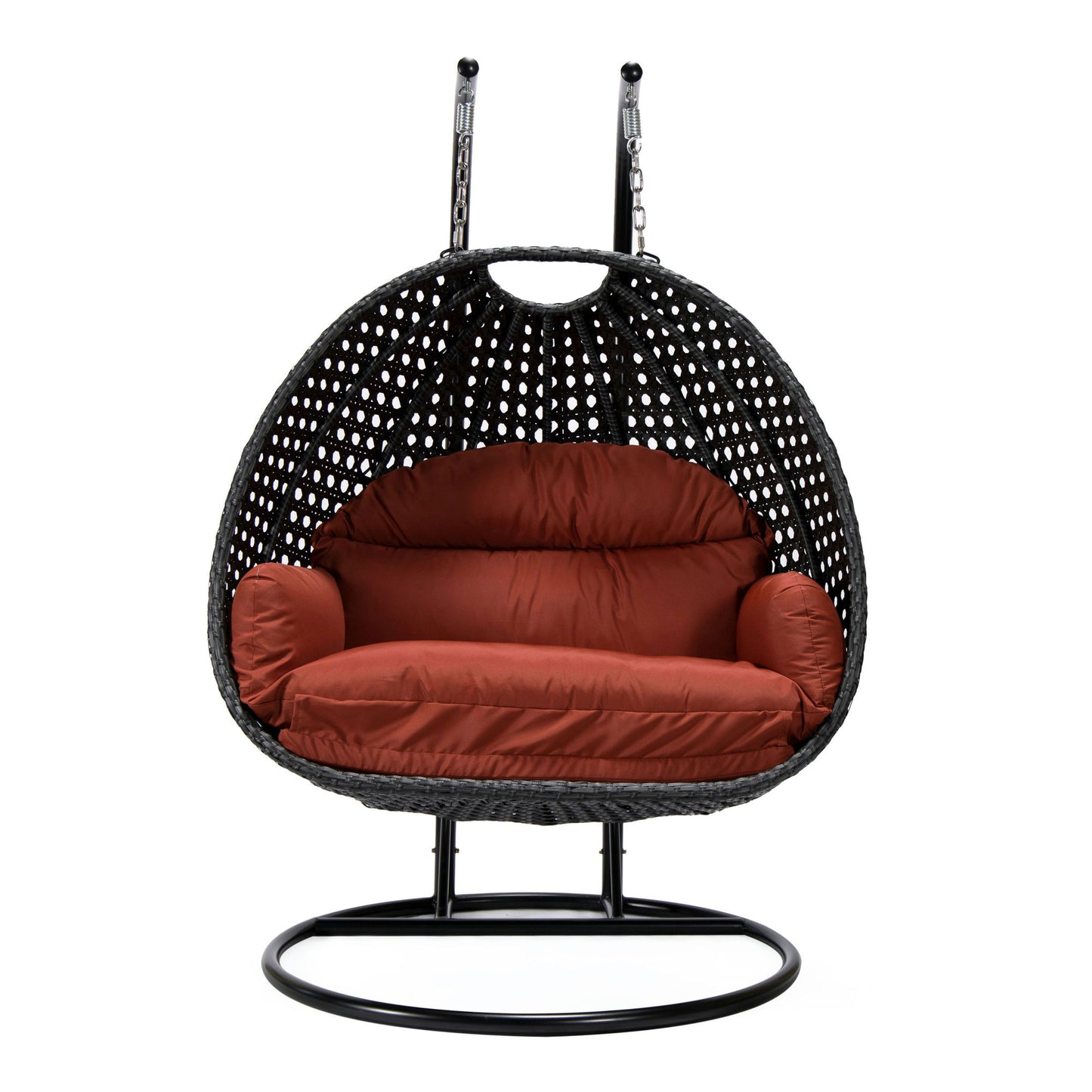 LeisureMod Mendoza Charcoal And Cherry Wicker Hanging 2 person Egg Swing Chair