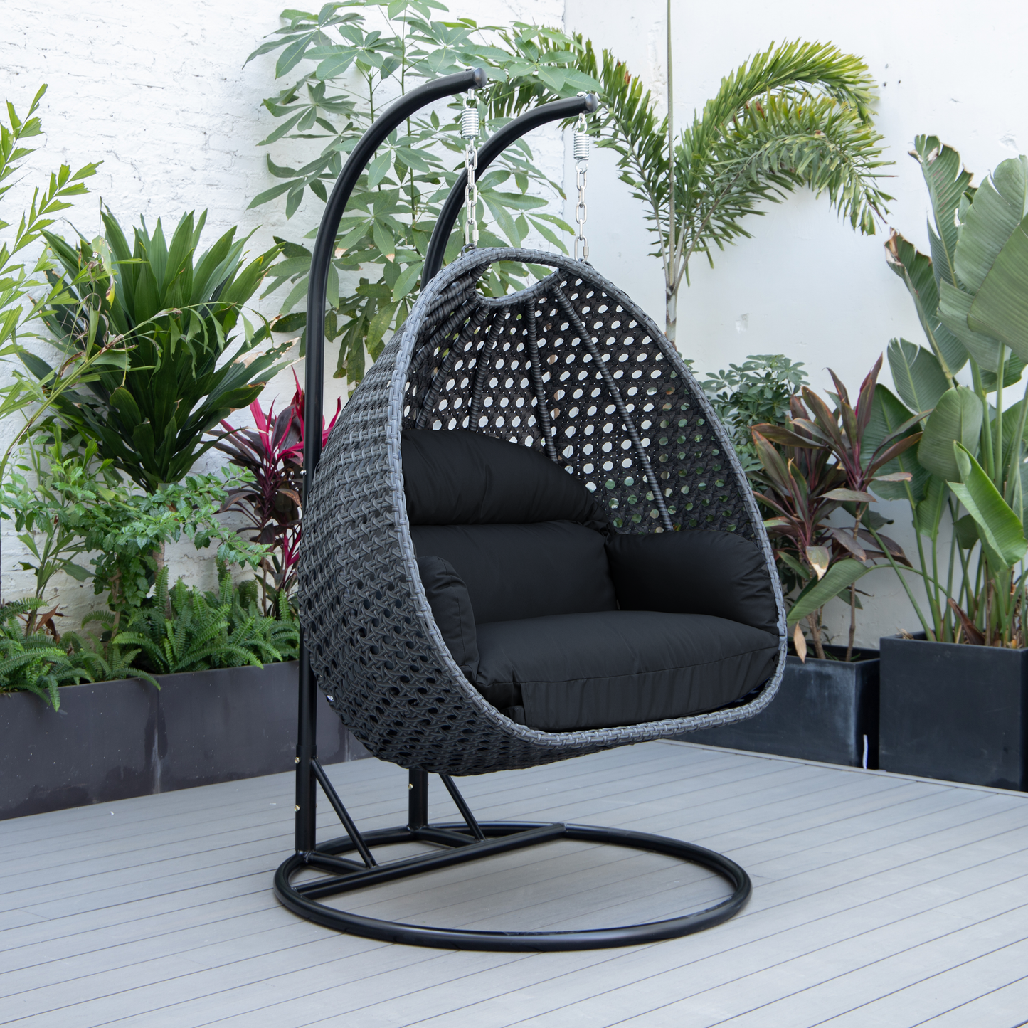 LeisureMod Mendoza Charcoal Wicker Hanging 2 person Egg Swing Chair - Dark Grey