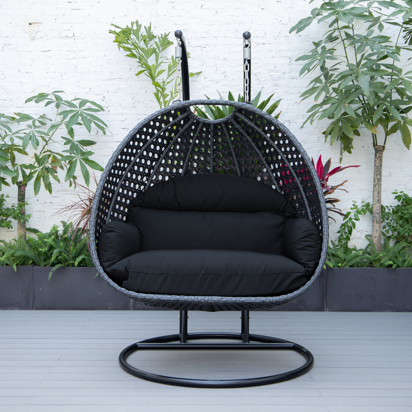 LeisureMod Mendoza Charcoal Wicker Hanging 2 person Egg Swing Chair - Dark Grey