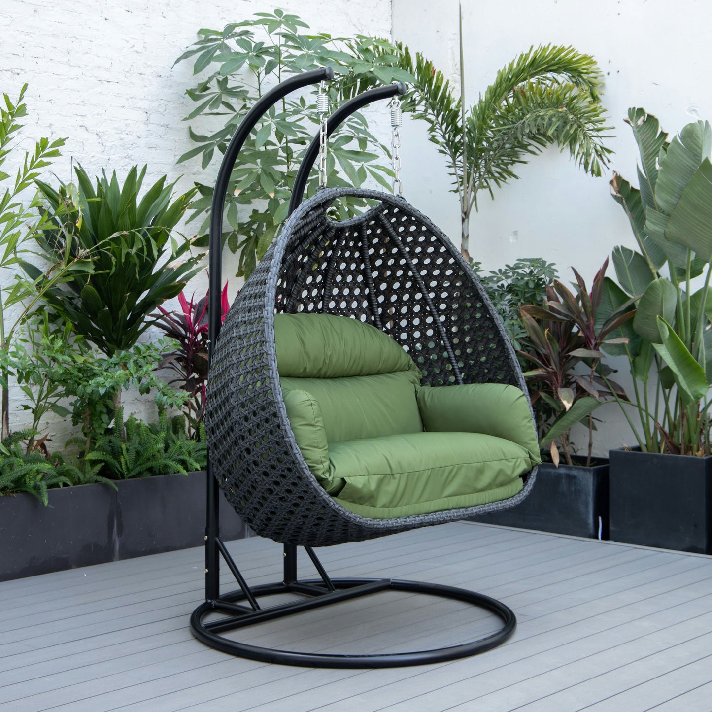 LeisureMod Mendoza Charcoal Hanging 2 person Egg Swing Chair - Dark Green