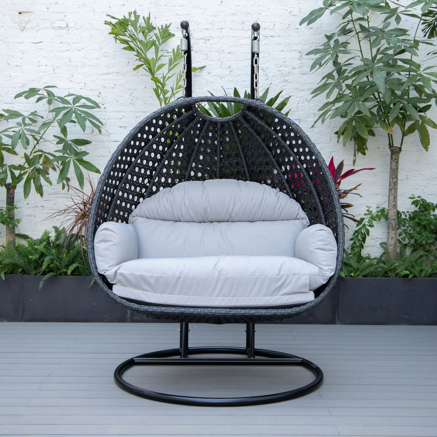 LeisureMod Mendoza Charcoal Light Grey Wicker Hanging 2 person Egg Swing Chair