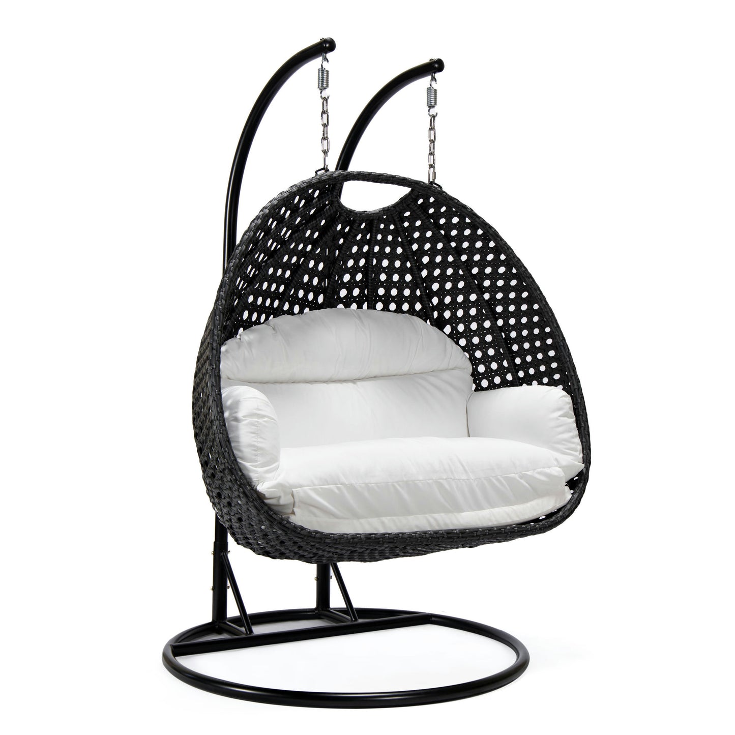 LeisureMod Mendoza Charcoal And White Wicker Hanging 2 person Egg Swing Chair