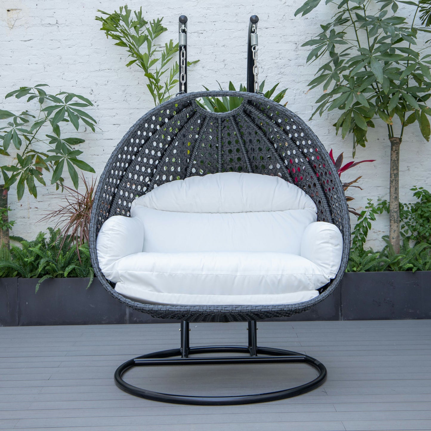 LeisureMod Mendoza Charcoal And White Wicker Hanging 2 person Egg Swing Chair