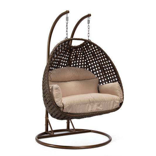 LeisureMod Mendoza Dark Brown Wicker Hanging 2 person Egg Swing Chair - Beige
