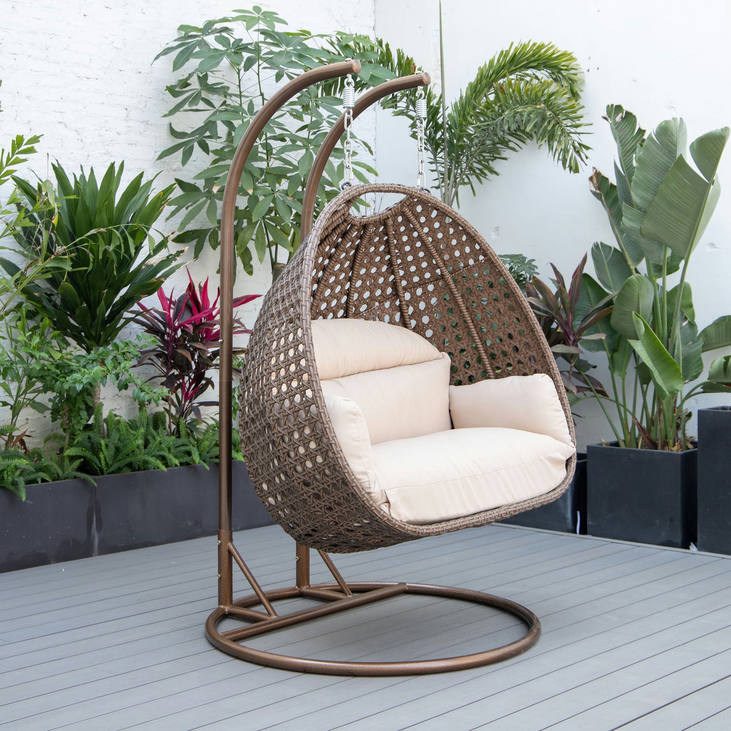 LeisureMod Mendoza Dark Brown Wicker Hanging 2 person Egg Swing Chair - Beige