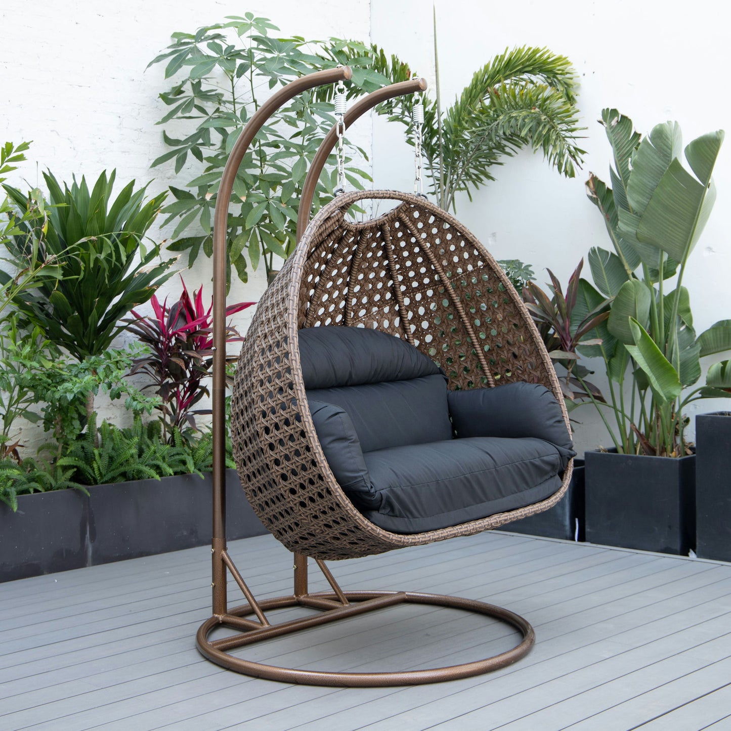 LeisureMod Mendoza Dark Brown Wicker Hanging 2 person Egg Swing Chair - Black
