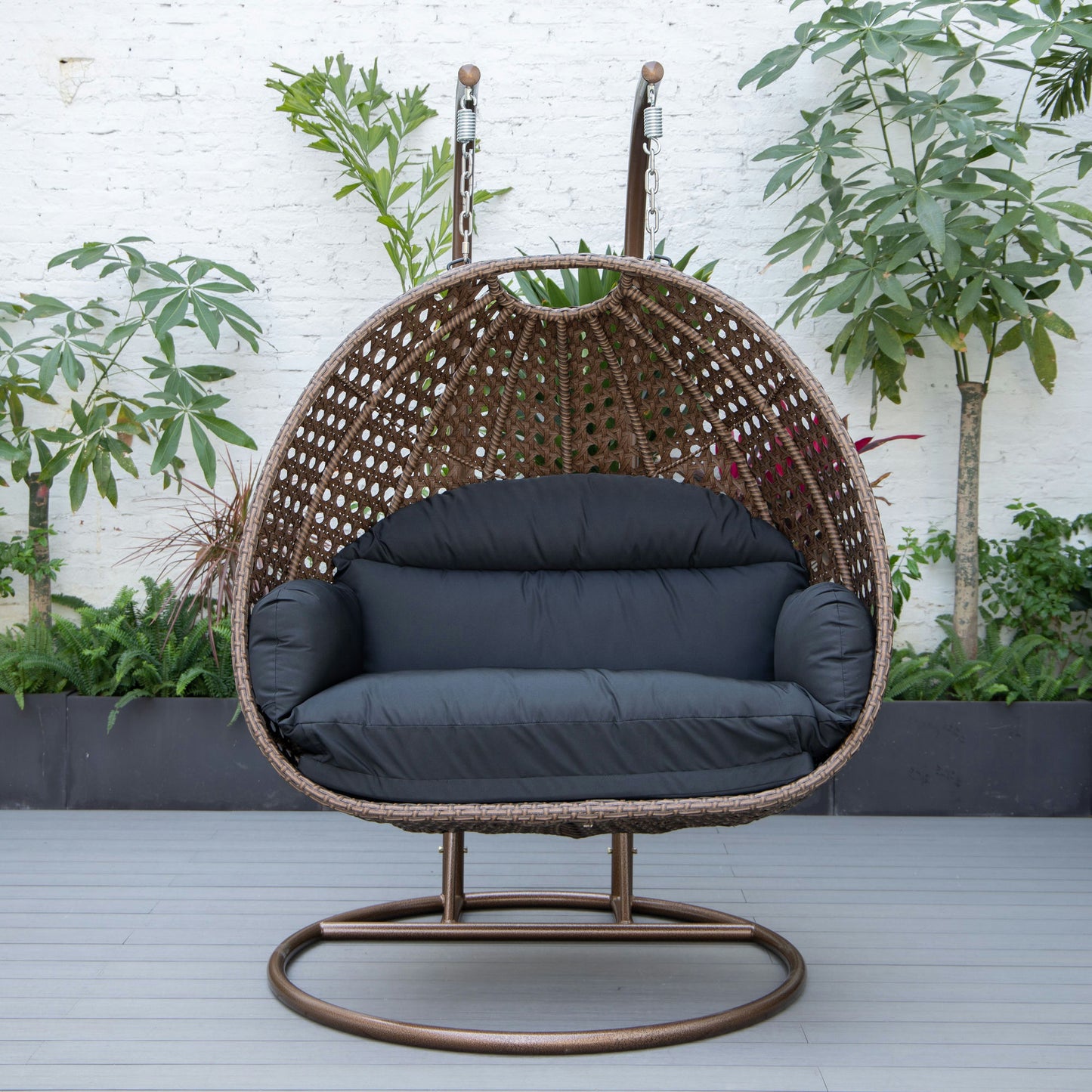LeisureMod Mendoza Dark Brown Wicker Hanging 2 person Egg Swing Chair - Black
