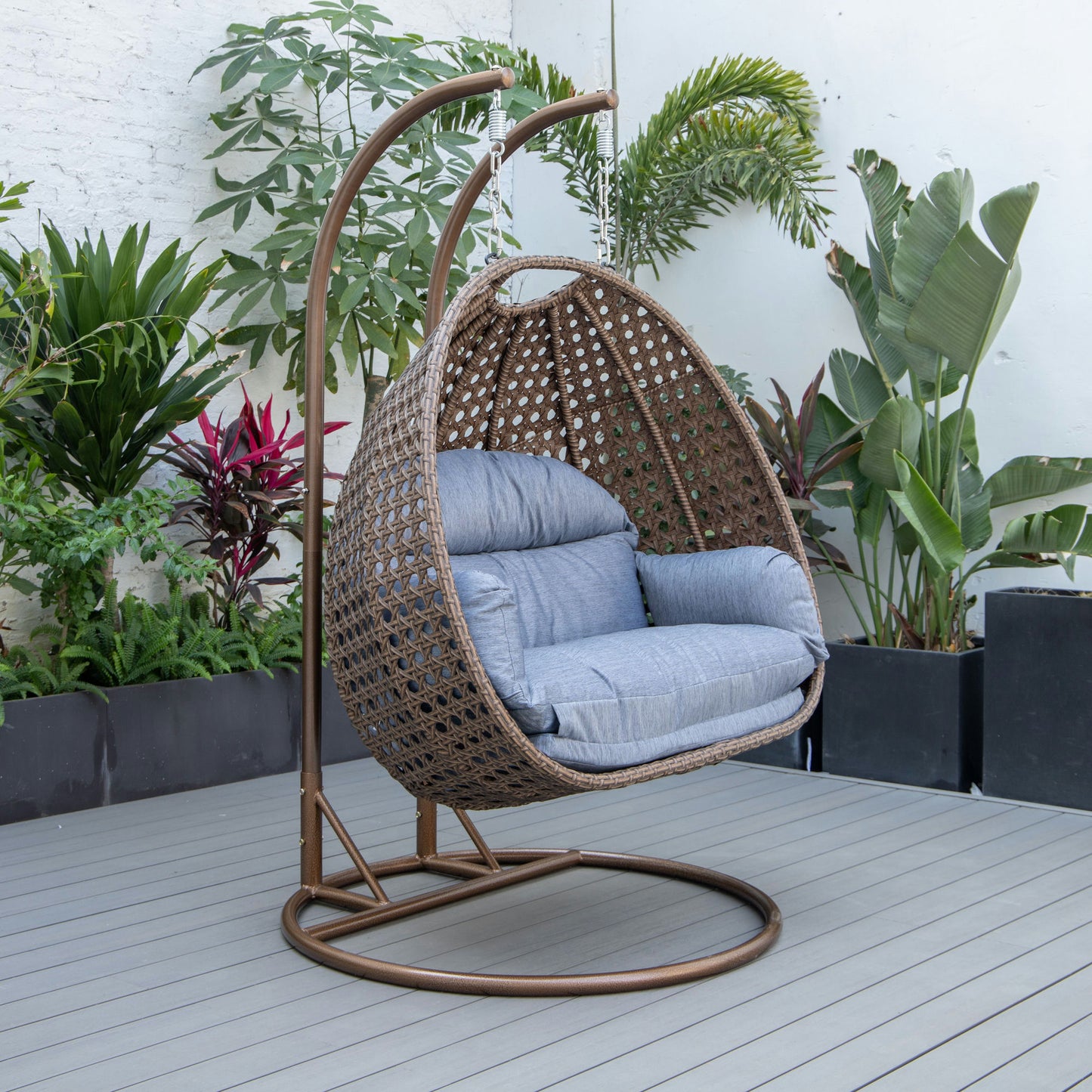 LeisureMod Mendoza Dark Brown Wicker Hanging 2 person Egg Swing Chair - Charcoal