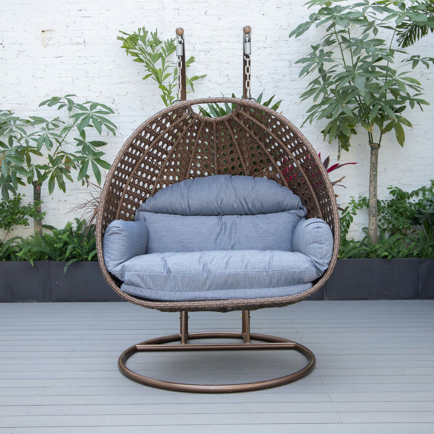 LeisureMod Mendoza Dark Brown Wicker Hanging 2 person Egg Swing Chair - Charcoal