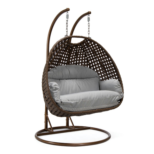 LeisureMod Mendoza Dark Brown Hanging 2 person Egg Swing Chair - Light Grey
