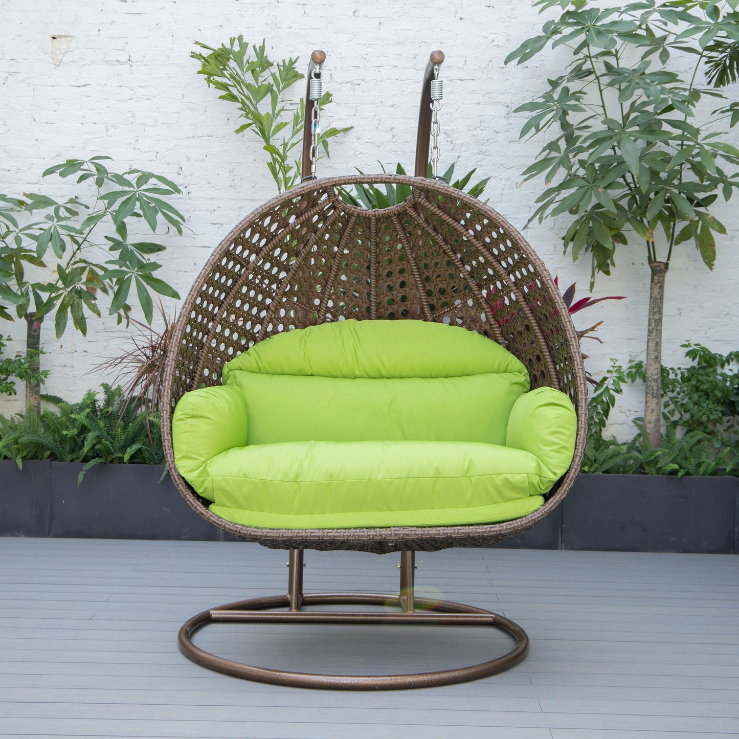 LeisureMod Mendoza Dark Brown Hanging 2 person Egg Swing Chair - Light Green