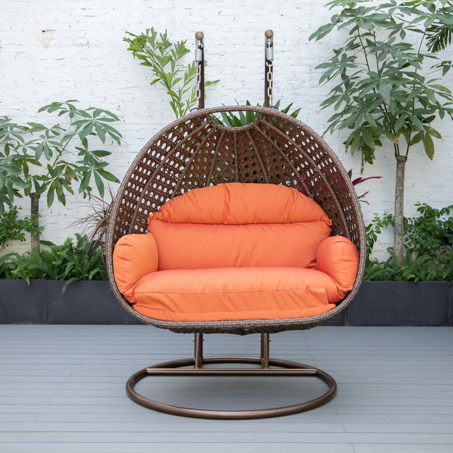 LeisureMod Mendoza Dark Brown Wicker Hanging 2 person Egg Swing Chair - Orange