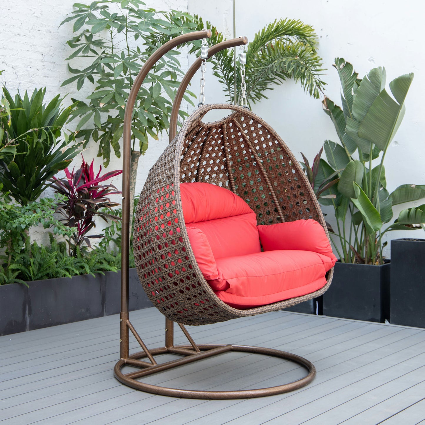 LeisureMod Mendoza Dark Brown Wicker Hanging 2 person Egg Swing Chair - Red