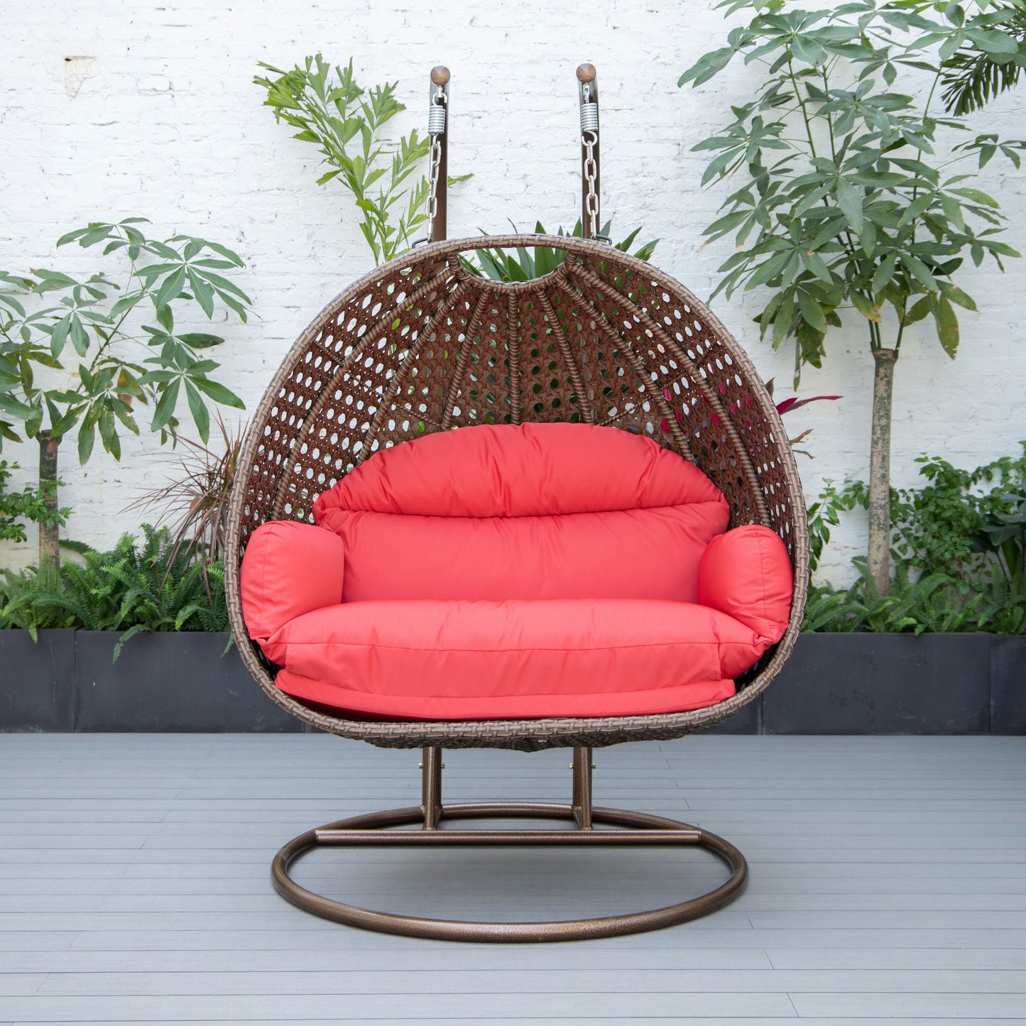 LeisureMod Mendoza Dark Brown Wicker Hanging 2 person Egg Swing Chair - Red