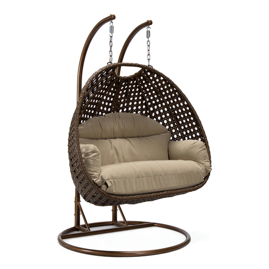 LeisureMod Mendoza Dark Brown Wicker Hanging 2 person Egg Swing Chair - Taupe