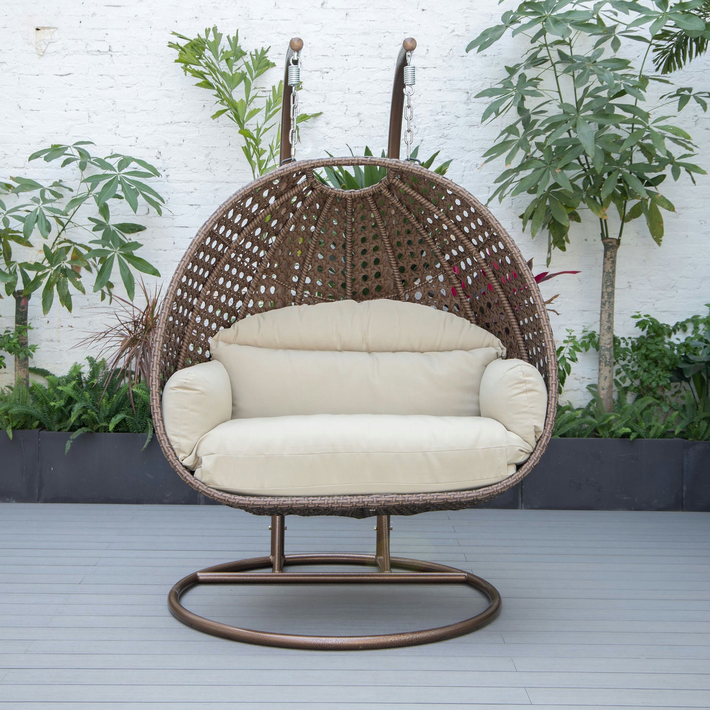 LeisureMod Mendoza Dark Brown Wicker Hanging 2 person Egg Swing Chair - Taupe