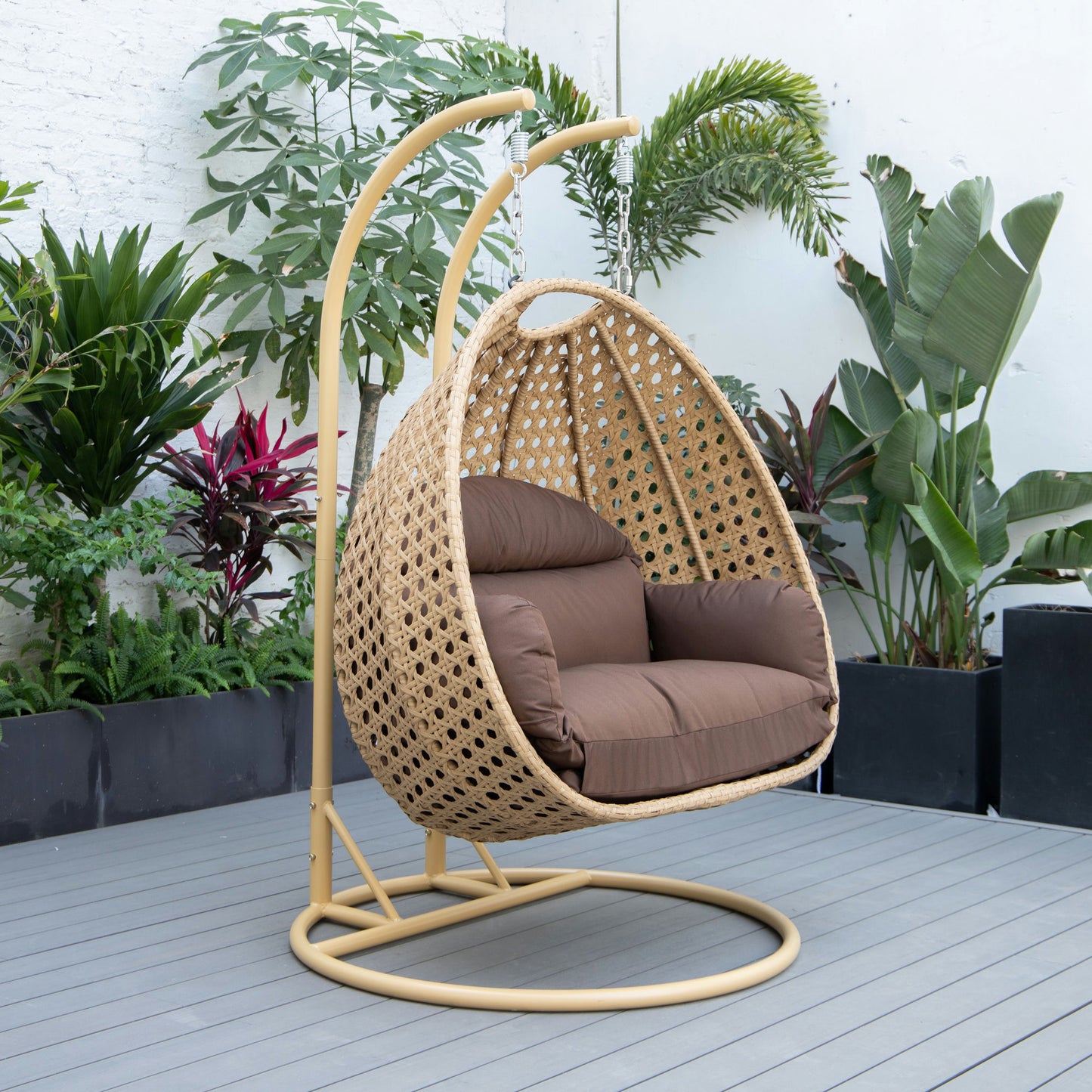 LeisureMod Mendoza Light Brown Wicker Hanging 2 person Egg Swing Chair - Brown