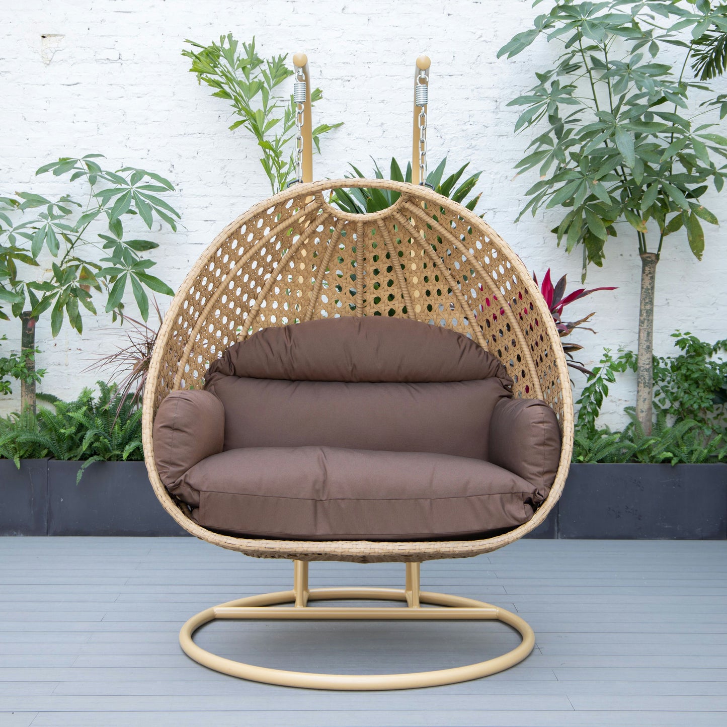 LeisureMod Mendoza Light Brown Wicker Hanging 2 person Egg Swing Chair - Brown
