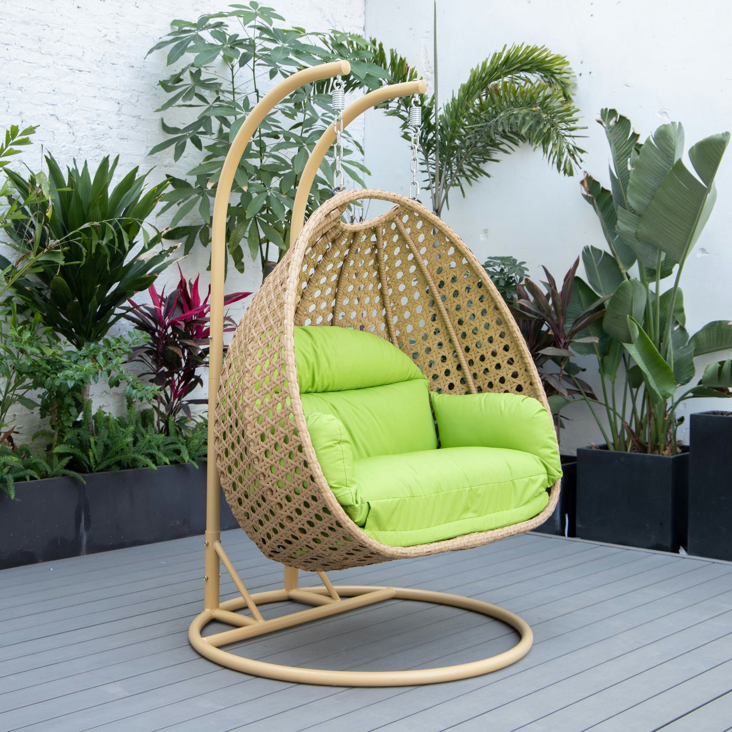 LeisureMod Mendoza Light Brown Hanging 2 person Egg Swing Chair - Light Green