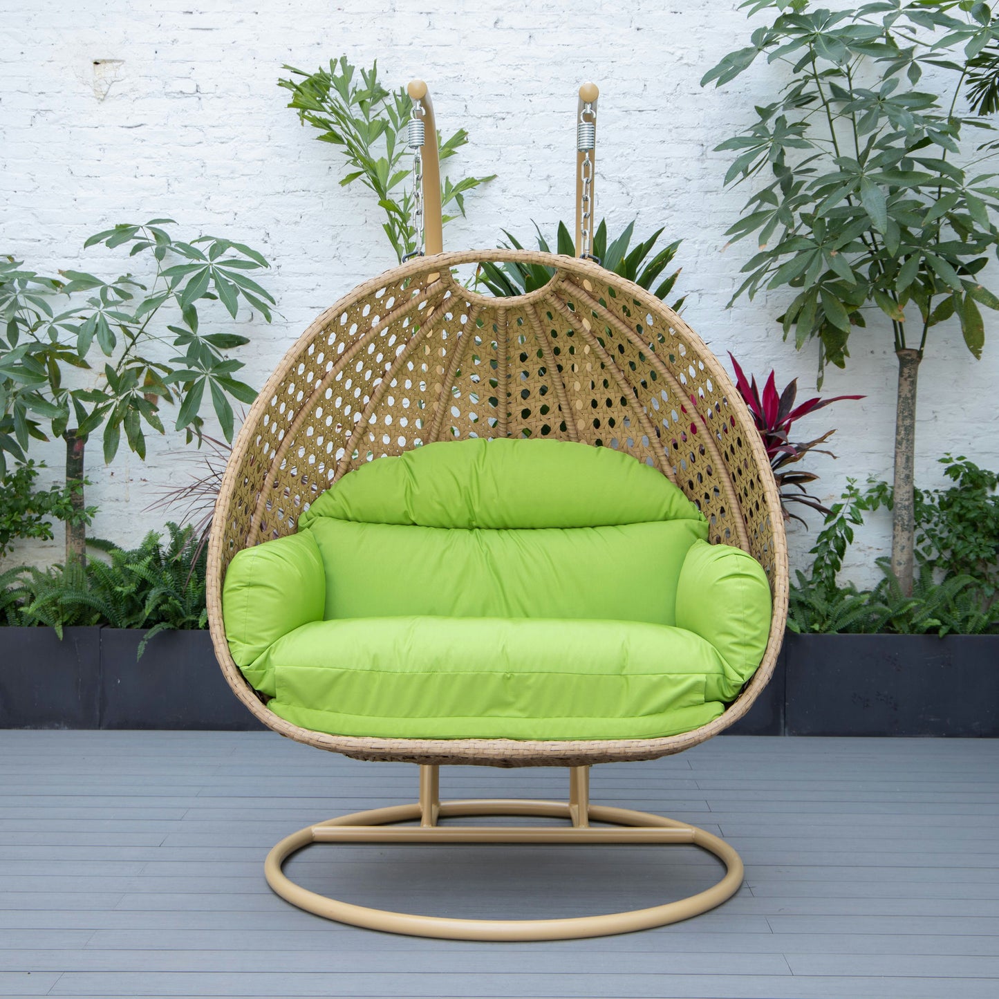 LeisureMod Mendoza Light Brown Hanging 2 person Egg Swing Chair - Light Green