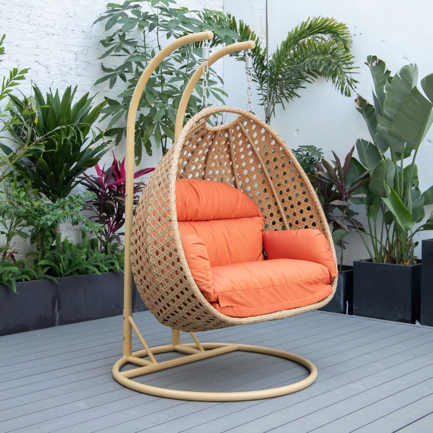 LeisureMod Mendoza Light Brown Wicker Hanging 2 person Egg Swing Chair - Orange