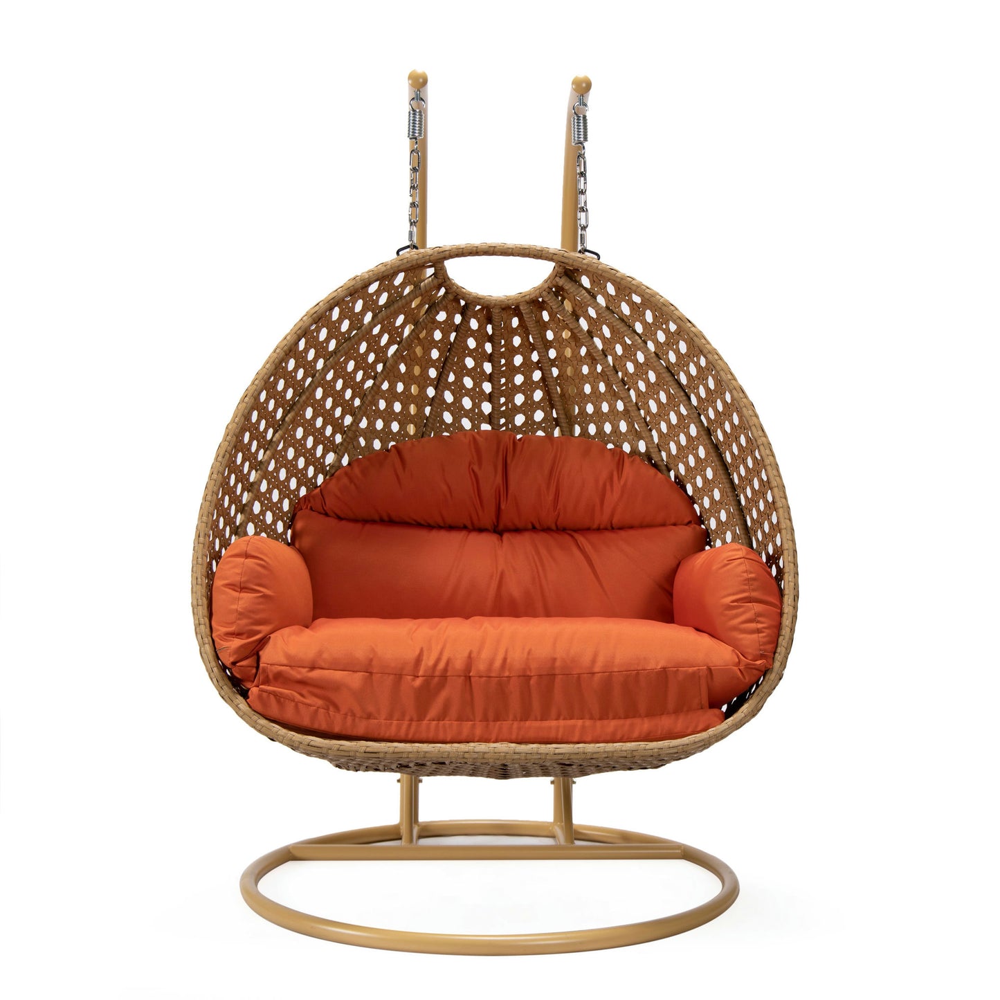 LeisureMod Mendoza Light Brown Wicker Hanging 2 person Egg Swing Chair - Orange