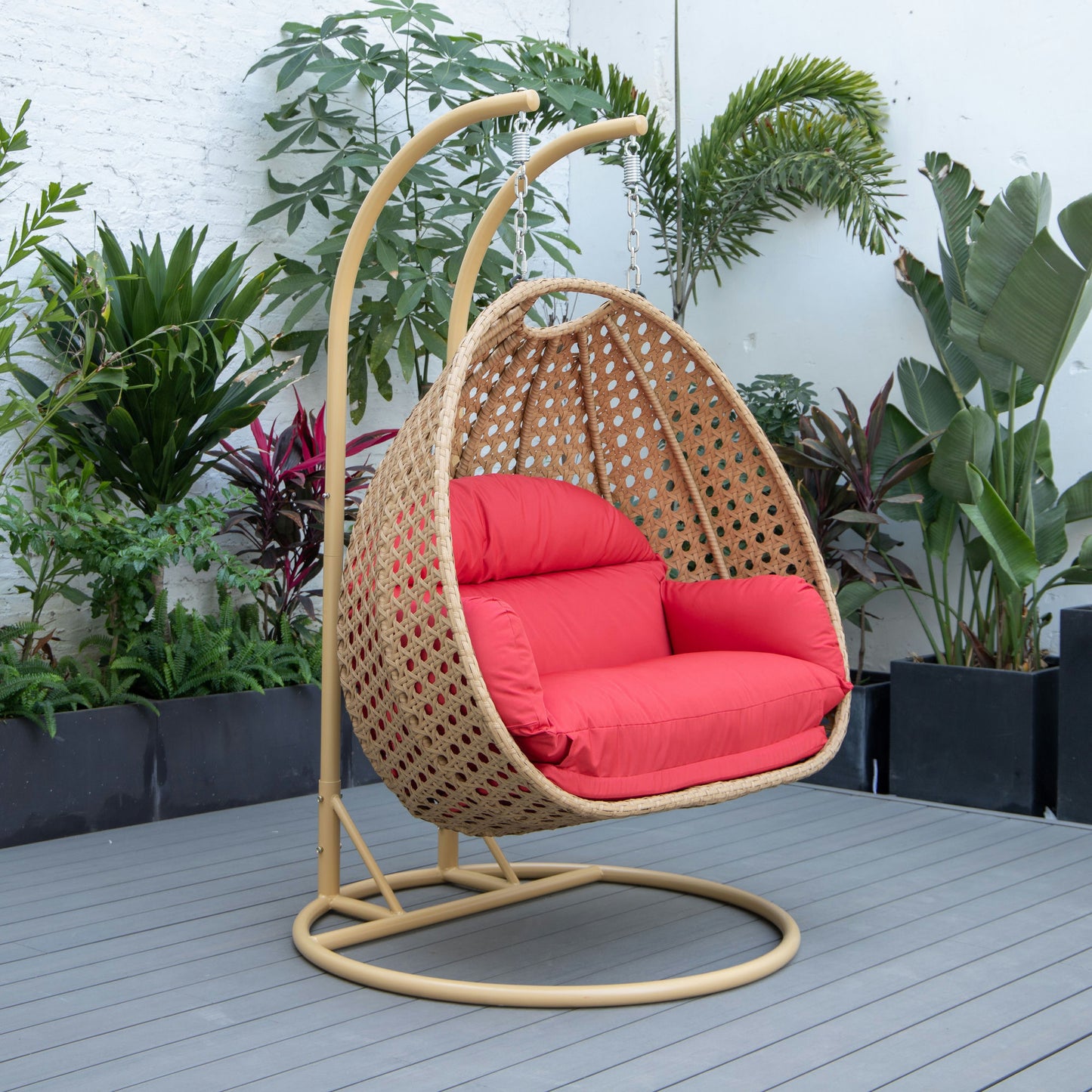 LeisureMod Mendoza Light Brown Wicker Hanging 2 person Egg Swing Chair - Red