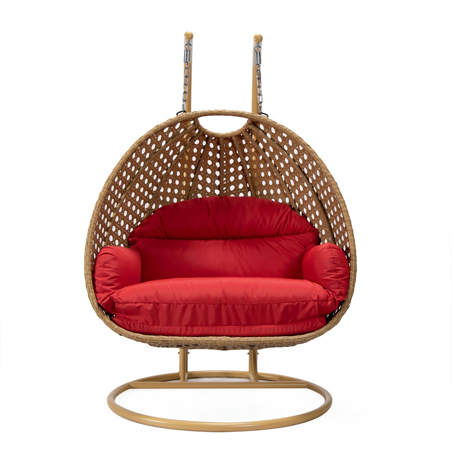 LeisureMod Mendoza Light Brown Wicker Hanging 2 person Egg Swing Chair - Red