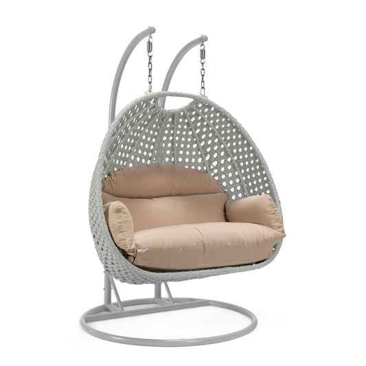 LeisureMod Mendoza Light Grey Wicker Hanging 2 person Egg Swing Chair - Beige