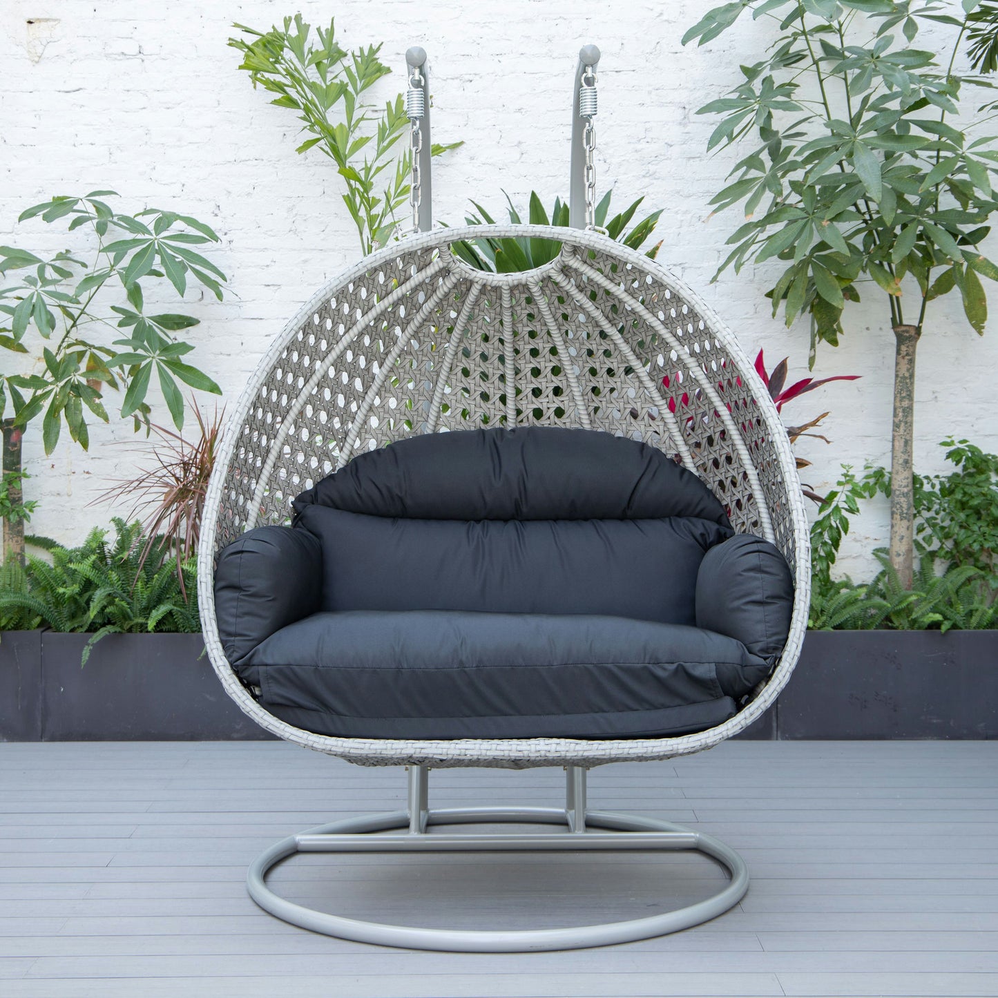 LeisureMod Mendoza Light Grey Wicker Hanging 2 person Egg Swing Chair - Black