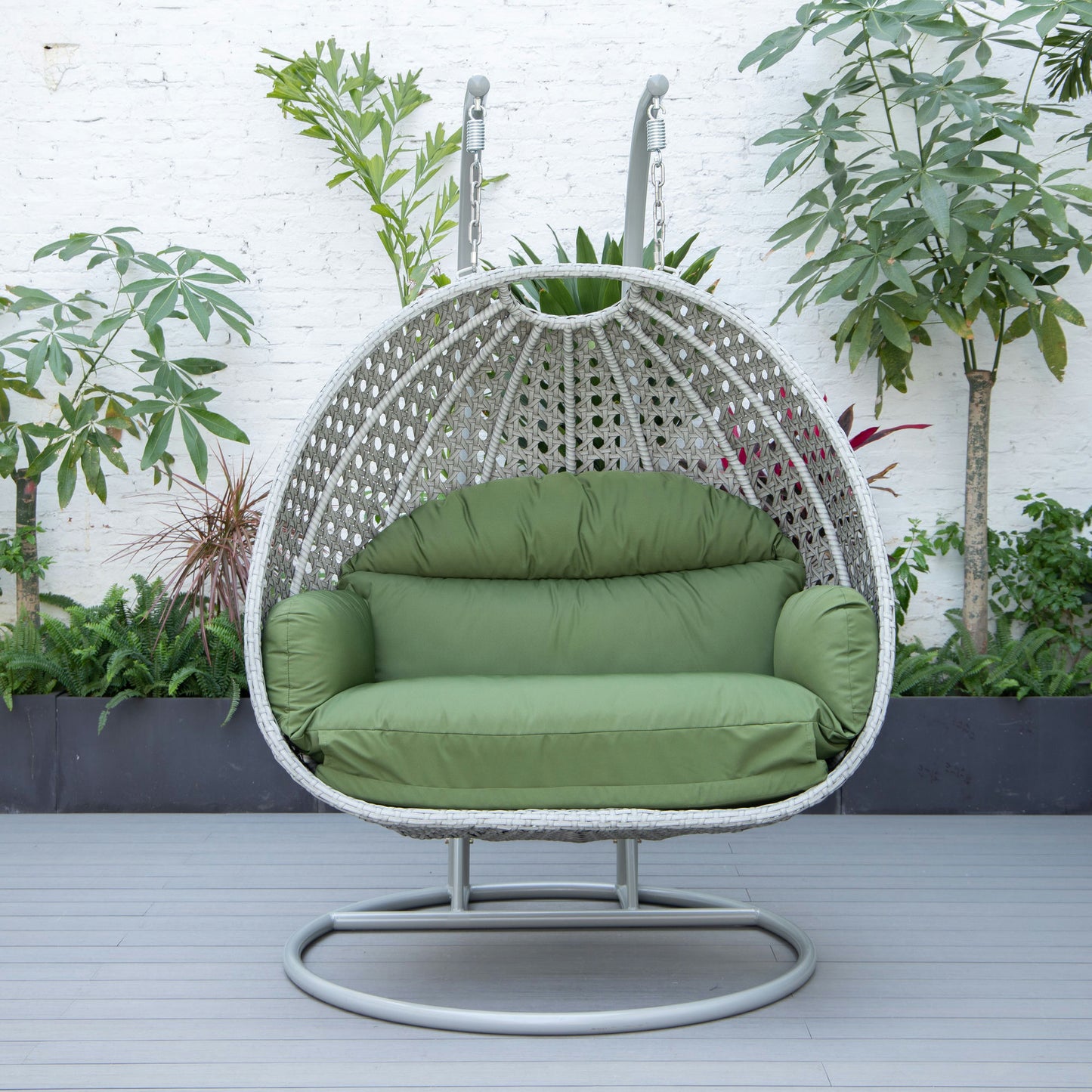 LeisureMod Mendoza Light Grey Hanging 2 person Egg Swing Chair - Dark Green
